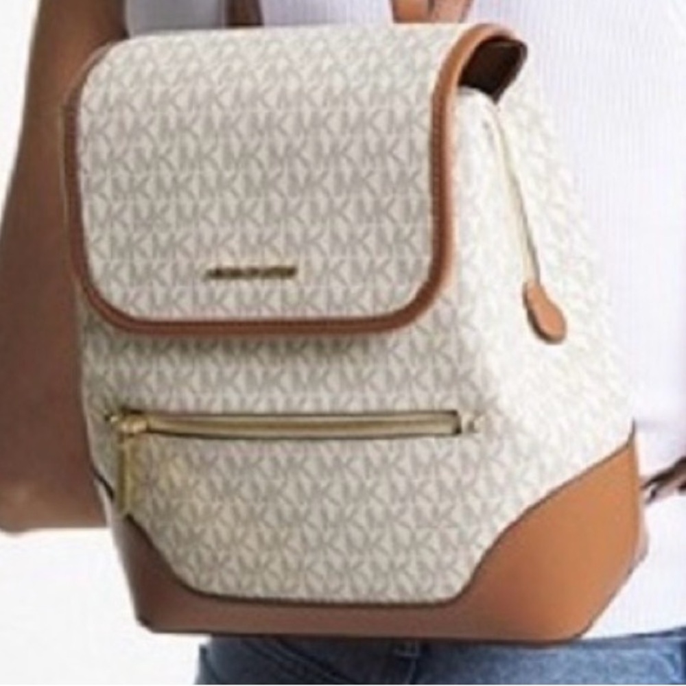 Michael Kors Vanilla/Acorn Harrison Medium Saffiano Leather Signature  Backpack - Picture 8 of 16